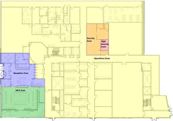 Figure 1 facility layout depicting physical security zoning whereby the SRCE has no access to any other operational zones.