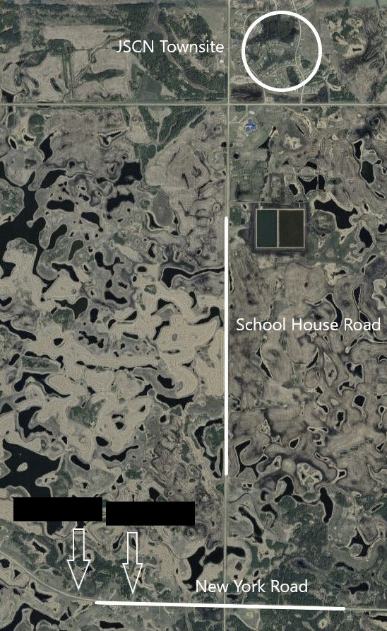 Map of James Smith Cree Nation depicting the locations of two residences the suspect attended, [REDACTED] and [REDACTED].