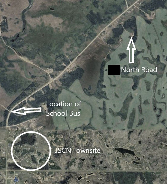 Map of James Smith Cree Nation depicting the location of [REDACTED] North Road and the location where the school bus was located.