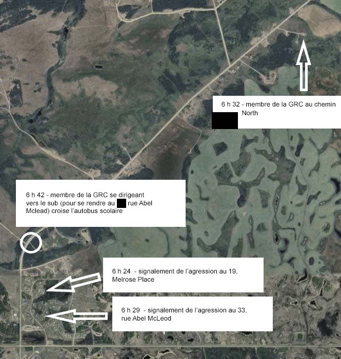 Carte de la Nation crie de James Smith indiquant les emplacements où des attaques ont été signalées et l’emplacement des membres de la GRC entre 6 h 24 et 6 h 42.