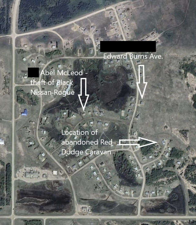 Map of James Smith Cree Nation depicting the locations of residences the suspect attended and the location of the abandoned Dodge Caravan.