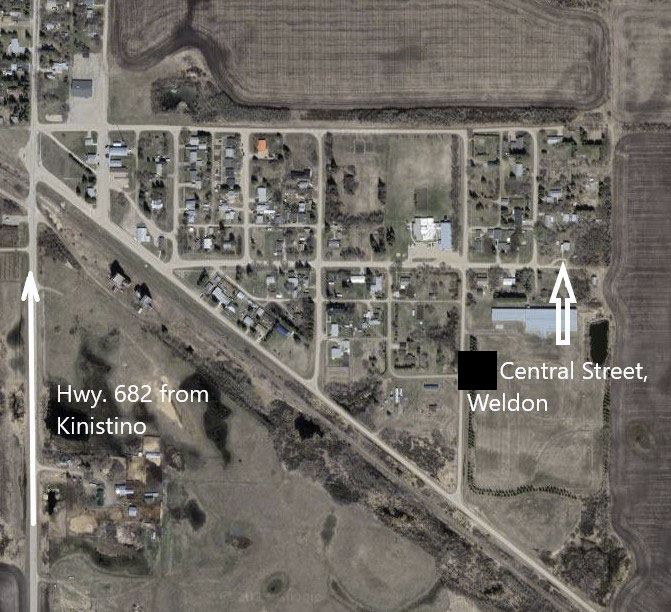 Map of Weldon townsite with an arrow pointing to [REDACTED] Central Street in Weldon. The location of Highway #682 from Kinistino is noted.