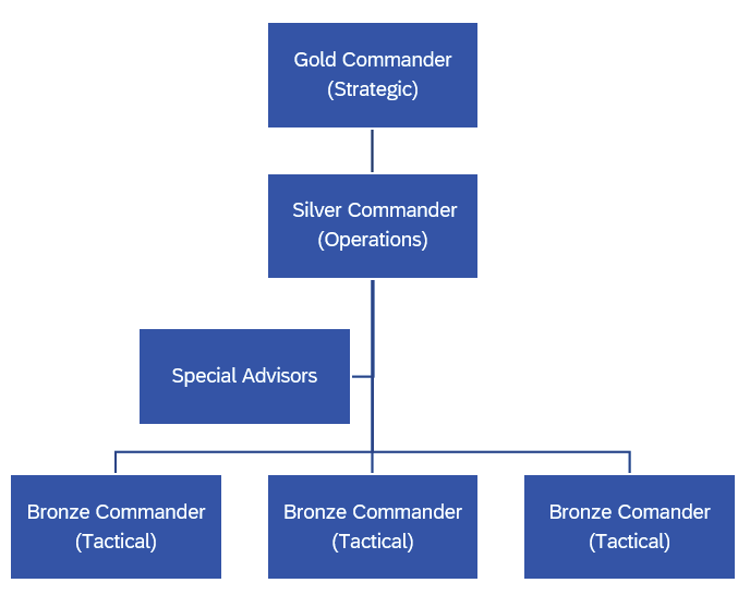 A chart depicting the hierarchy of the Gold-Silver-Bronze Command Structure from the Gold Commander (Strategic) to the Bronze Commanders (Tactical).