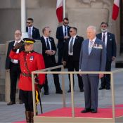 Un officier en tunique rouge fait le salut à côté du Roi Charles III, qui est debout sur un piédestal.