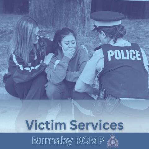 A Victim Services worker comforts a young woman sitting on the curb as an RCMP officer kneels beside them. The image includes the words “Victim Services Burnaby RCMP”.